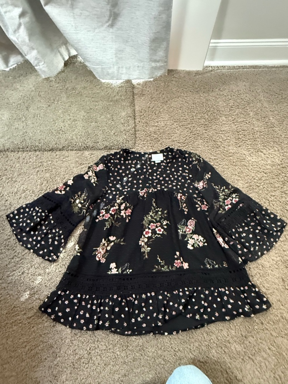 Maeve Black Floral Bell-Sleeve Dress with Pink Accents